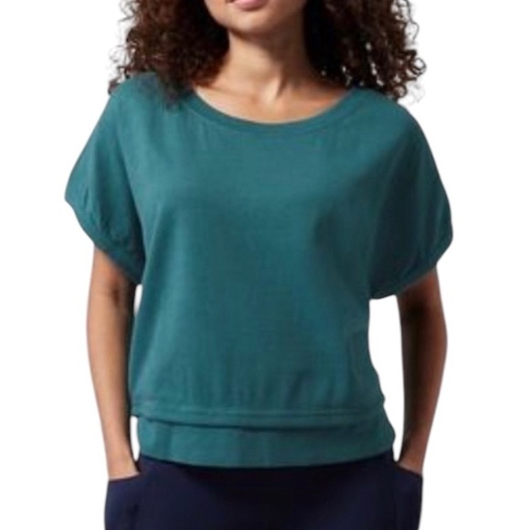 Athleta Plus Size Green Sundown Shirred Sweatshirt Tee Cotton Stripes Size 1X - Picture 2 of 9